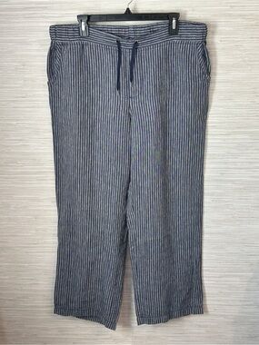 LL Bean Favorite Fit 100% Linen Pants Size 16  Navy Stripe Wide Leg Drawstring